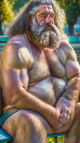 close up photography of a relaxed stocky short chubby hairy strong burly italian man, 64 years old, long hairs, long curly beard, in swimwear, emotive eyes, manly chest, open legs, relaxed sitting on a bench in a city public park, sweat, bullneck, big thighs, sunlight, backlight, photorealistic, ultra detailed, Canon EOS, 35mm lens, ground front view