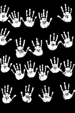 multiple white hand prints on a solid black background. some hand prints leave streaking finger marks as if they were dragged