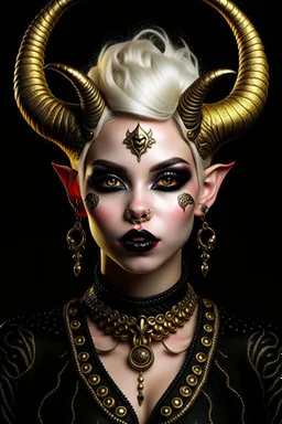 A young tiefling woman with a set of ram horns on her head encrusted with jewels, White-Blonde, short hair, black eyes, dressed in black with lots of jewelry, beautiful, satanic tattoos on her neck, she looks evil