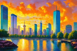 sunset, buildings, lake, rocks, city, trees, cyberpunk, sci-fi, claude monet impressionism paintings