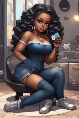 Create a futurism magna art of a black chibi curvy female sitting on the floor looking at herself in a hand mirror. She is wearing tight blue jeans and a black off the shoulder blouse. Prominent make up with lush lashes. Highly detailed long wavy hair. She is also wearing silver large hoop earringsart of a black chibi curvy female sitting on the floor looking at her cell phone. She is wearing tight blue jeans and a black off the shoulder blouse. Prominent make up with lush lashes.