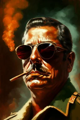 Make me a oil portrait from a dictator with sunglasses and cigar