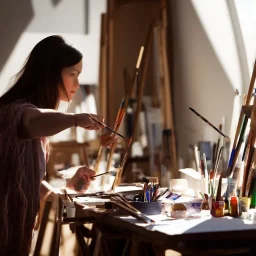 Close up of Beautiful female artist painting a self portrait in her attic studio, dramatic light, shadows