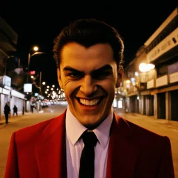 very grainy discolored photo, face portrait, up close, shot on a bad camera, empty night street, grunge, 2000s Russia, man in a nice red suit, extremely gaunt, haughty, dangerous smile, perfect looking, striking features, face of a vampire, inhuman
