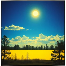 Fotografia di una superficie piatta di colore azzurro zucchero e giallo, paranoic, obsessive, nightmare, sole, nuvole, trees, hasselblad h6d400c --ar 85:128 --v 6, Hiroshi Nagai style, Max Ernst style, Egon Schiele style