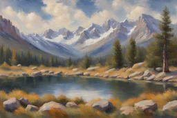 Rocky Mountain National Park landscape scene in the style of Claude Monet Modifiers: Landscape Claude Monet Panoramic View Impressionism School French Impressionists