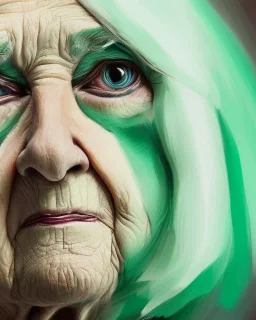 Abstract portrait of a dignified old woman with green eyes and white hair