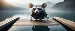 close up on huge dented glowing ghost transparent rat racoon gremlin in designer clothes in fast boat with googly eyes, raised by ninja necromancer in the wild, on wooden bridge by lake in surreal reflecting stone chrome landscape, background motion blur, volume light fog, rays, 4d maze