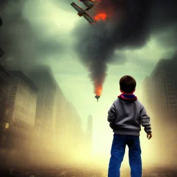 a little boy in a apocalypse city with big buildings, and smoke in the air, with flying machines