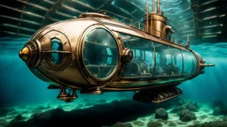 An extreme cyber steampunk glass and metal submarine in the ocean, with large of water surrounding it. The submarine bottom positioned in the center of the frame, providing a unique perspective on this streamlined high-techstructure and interior equipment underwater, high detalied, sharp focus, best shot, sci-fi mood