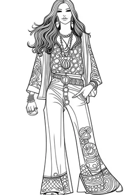 Outline art for coloring page OF 1960'S HIPPIE WOMEN'S PANTS ONLY, coloring page, white background, Sketch style, only use outline, clean line art, white background, no shadows, no shading, no color, clear