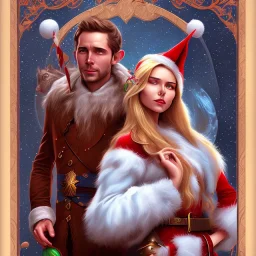 two elves. woman and man. Christmas scene. poster. marvel comic. low-key