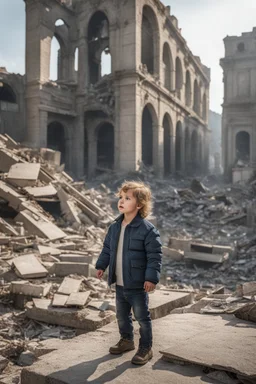 A hyper-realistic, A young child stands alone in the ruins of a once-thriving city, tears streaming down their face. full size ,Photo Real, HOF, full size, practicality,manufacturability,performance, (((realism, realistic, realphoto, photography, portrait, realistic, elegant, charming, , professional photographer, captured with professional DSLR camera, trending on Artstation, 64k, ultra detailed, ultra accurate detailed, bokeh lighting, surrealism, Thomas Kinkade backgroun