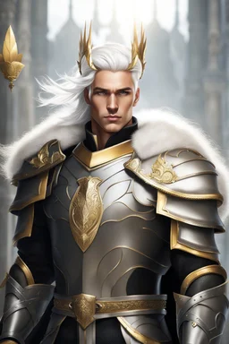 Male Tan Human, White Hair, Handsome Face, King Crown, Dark Heavy Armour, Black and Gold colour theme