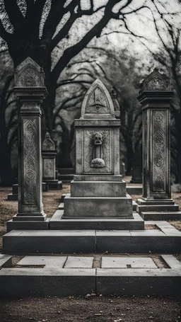 A scary stone altar in the middle of a cemetery, gray tones