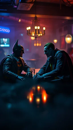 ,surrealism of the dark of a nightmare , hyper photorealistic, hyper detailed art color, high resolution, fog, octane render, tilt shift, HDRI Environment, Batman and the joker chatting while sitting in bar