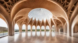 A grand, circular dome building with Lissajous-curve-inspired designs intricately carved into the stone façade. The undulating curves dance across the surface of the building, creating a mesmerizing, fluid pattern. Inside, the dome is supported by circular columns with soft, curving lines, and the ceiling features geometric art that mimics the beauty of the Lissajous curves. Award-winning photograph.