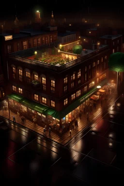 Render of a birds-eye view of an Italian trattoria in Little Italy, New York which is situated at the ground floor of a three-storey brick building on a rainy night with busy street in front and multiple buildings around. There is light glowing from the restaurant and it is at the center of the image.