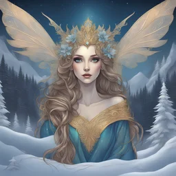 paysage hivernal féérique avec aurore boréale, belle fée, beau visage, robe longue bleu et or