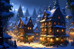 bajkowe miasteczko, Boże Narodzenie, zima, oświetlone, choinki,