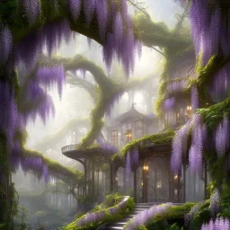 a magical flower wisteria house in the woods, vertical, sharp, vines, candlelit, endor, ornate, elegant, highly detailed, artstation, concept art, smooth, sharp focus, illustration, 8k, splash art, wallpaper, key visual