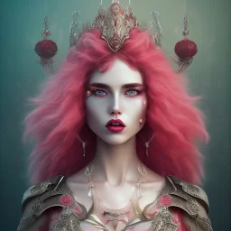 Intimidating beauty, Fire witch, round face, pale skin, wild curly pink hair, red eyes, pink and red eyeshadow, pink glossy lips, wearing a pink witch hat, wearing a red crystal necklace