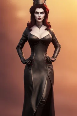 Amy Dumas as evil queen in black leather gown, evil, busty, cleavage, curvy, angry, stern look. character design by cory loftis, fenghua zhong, ryohei hase, ismail inceoglu and ruan jia. unreal engine 5, artistic lighting, highly detailed, photorealistic, fantasy