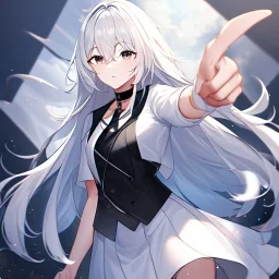 masterpiece, best quality, female, long white fluffy hair, hair between eyes, pointing, wearing a white shirt with a black collar, wearing a black vest, wearing a white skirts, {{{half body}}}, very dark black eyes, {{{Flat_shading}}}