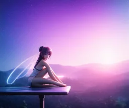 a detailed illustration of a anime girl sitting on a table luminescent body, glinting spread wings, realistic, soft and smooth glowing wings, soft feathers, macro lens, sharp focus, meticulously detailed, soft studio lighting, smooth blurred gradient evening sky background, 64k