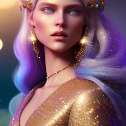 white woman long blond hair blue eyes glitter in a galactic ambiance, delicate colors in the foreground, full of details, smooth, light effect，vaporwave colorful, smooth, extremely sharp detail, finely tuned detail, ultra high definition, 8 k, unreal engine 5, ultra sharp focus