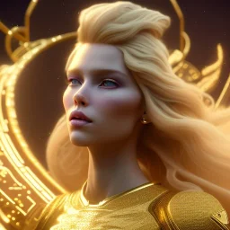 beautiful cosmic golden male, long hair, nice smiling, delicate colors, beautiful glamour galactic golden dress, ultra sharp focus, 8k, unreal engine 5, extremely sharp detail, light effect, soft light atmosphere of a spaceship, smooth, full of details, face in front, complete vision of face and body