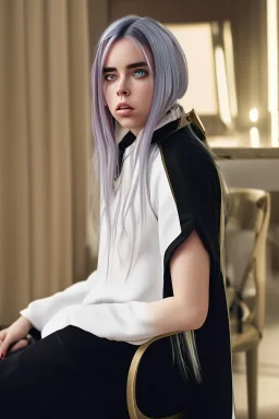 Billie Eilish, sitting on a chair, Black Short Dress, high detail, realistic, 8k