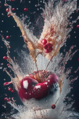 Explosion, splash, cherry is falling into the water, close up, water is splashing radially, centered, perfect composition, vogue style, Creative food photography, softbox, trending on art station, sharp focus, studio photo, intricate details, highly detailed, by Greg Rutkowski, fashion magazine cover