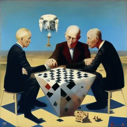 Putin, President Xi Of China And Joe Biden Play Chess With A Pigeon,Ufo And Atomic Bomb Mushroom Cloud,Complex Surgical Instruments Intermixed With A Newborn Boy,Minimalism,Painting By Adrian Ghenie,Rene Magritte,Pablo Picasso,Michelangelo,Salvador Dali,Lucian Freud