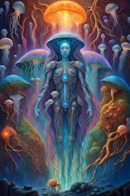 beautiful .bones. A jellyfish Cosmic robot developed .Fantasy, perfect anatomy, Coral trees, alien fruits ..fantasy, vibrant digital art professional award winning masterpiece, oil on canvas Atmospheric extremely detailed Josephine Wall