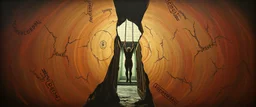 barely hanging on, master oil painting by Escher and Giger, sodom in the style of Fallout 4, pinhole cam pic, dimensional door, tear in the fabric of reality