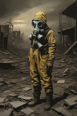 a mesmerizing post-apocalyptic world, the sky filled with stars at night, broken buildings surrounded by debris, the floor is covered with dirt and iridescent oil, a sense of beauty and destruction. An acrylic painting of a lone woman wearing highly detailed safety clothes, wearing a gas mask, aanstanding on a barren. (Acrylic painting by MSchiffer showcasing the meticulous brushstrokes and depth of colors.) Acrylic paint blobs in relief, The pollution looks almost like glowy northern lights in