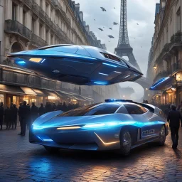 an accident between a spaceship and a police car at the crossing of two streets in the vibrant city of Paris flashes through my mind. The collision between the futuristic vessel and the sleek police car creates a chaotic scene in the heart of the bustling city. The spaceship, with its metallic sheen and glowing lights, hovers above the cobblestone streets, its thrusters sputtering and sparking from the impact. The police car, a sleek model adorned with flashing lights and sirens, skids to a hal