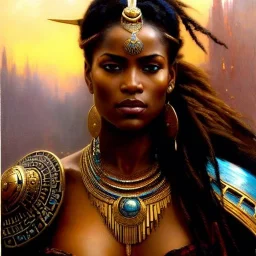 portrait beautiful face African female warrior,busty,ancient metal armor balanciaga fashion clothe painting by gaston bussiere, greg rutkowski, yoji shinkawa, yoshitaka amano, tsutomu nihei, donato giancola, tim hildebrandt, oil on canvas, cinematic composition, extreme detail,fit full head inside picture,16k