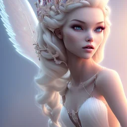 Snow white, beautiful, soft, smiling, straight and long blonde hair, dewy and shiny vibe, diamond crown, long fairy wings in the back, full head