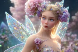 one very little beautiful fairy on a big crystal subtle flower in a galactic ambiance, transparent petals, delicate colors, in the foreground, full of details, smooth, bright sunshine，soft light atmosphere, light effect，vaporwave colorful, concept art, smooth, extremely sharp detail, finely tuned detail, ultra high definition, 8 k, unreal engine 5, ultra sharp focus