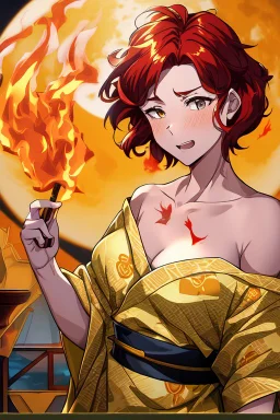 (Asian), short hair, fiery red hair hair, normal hands yukata, yellow clothes, 8k, best quality, winking, very dark night time, lighting from moon yellow moon, perfect, masterpiece, anime style, cartoon style,