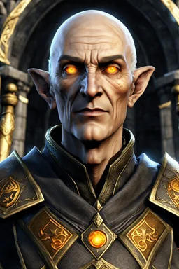 An old male altmer battlemage from Skyrim with golden-orange eyes