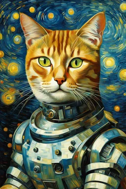 Portrait of a cyborg cat by Van Gogh