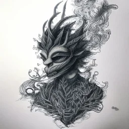 Pencil Sketch a composition where smoke transforms into a mythical creature, intertwining with intricate patterns formed by crushed weed leaves, creating a visually captivating and balanced artwork.