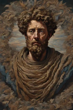 Marcus Aurelius, 4k quality, vivid, existential facial expression, art, vivid, intricate, tragedy, war, pain, painting