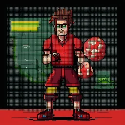 A pixel art cyberpunk version of the best football predictor master pundit master nerdy red battle hardy mutant