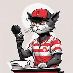 a drawing of a manga cat man with a sports cap and shirt, speaking at a (((lectern))) with a microphone, red, white and black colors