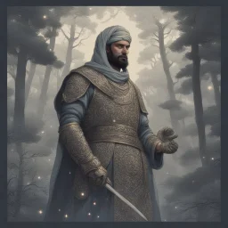 The Muslim commander in a battle dress made of galaxies and stars with a glove that has seven endless stones with a powerful army behind him A forest with dense trees