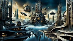a stunningly weird image of a futuristic metropolis using Salvador Dali's paranoiac-critical method, where buildings and structures appear to melt into the skyline cityscape is filled with floating mad, twisted sharp metal shapes that interact with the buildings and each other, forming a surreal tableau of a dreamlike reality. neu-steampunk vibe, essence of the scene in a cinematic manner, with dramatic shadows that enhance the distorted perspectives and bizarre